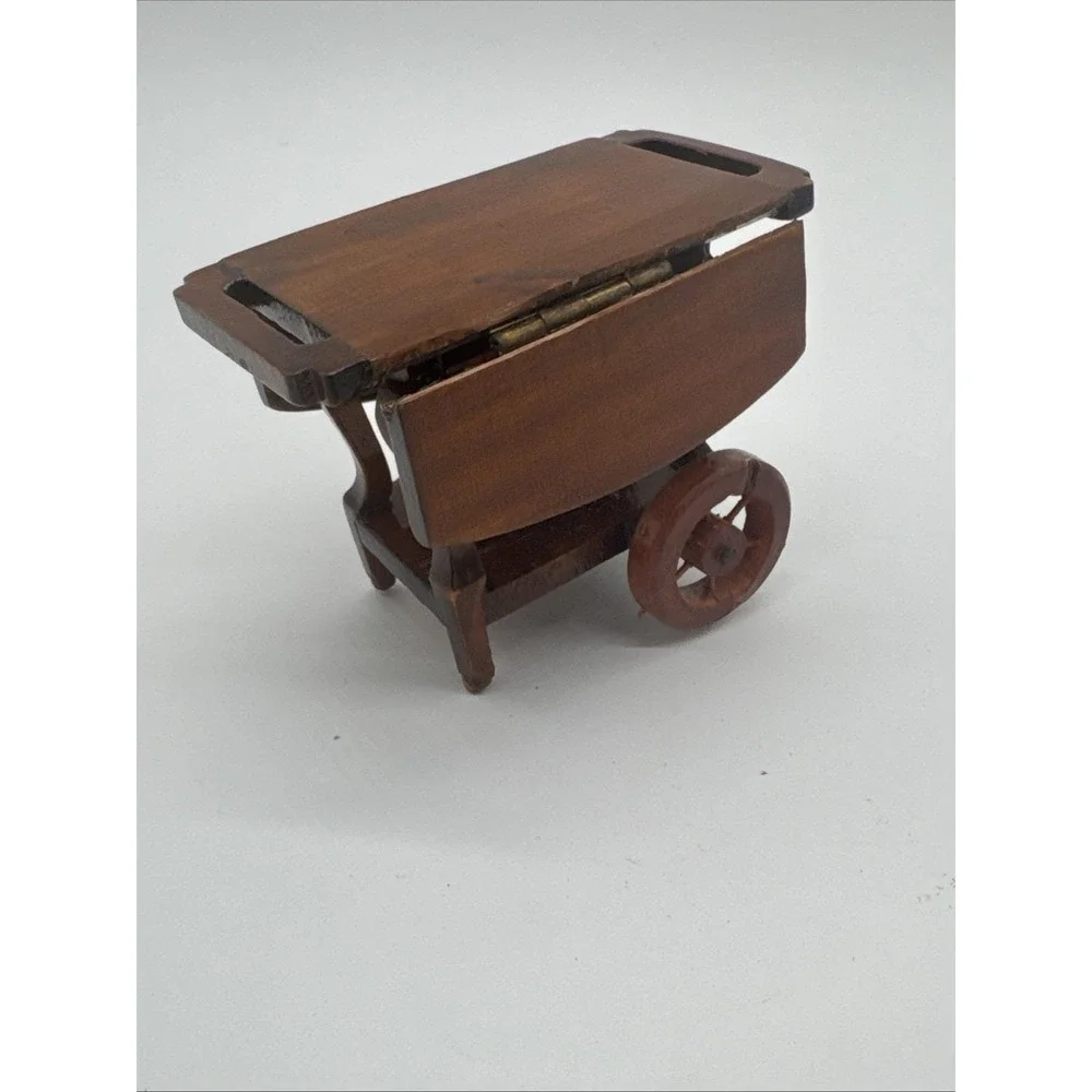 Vtg Dollhouse Miniature Wooden Tea Cart Serving Table On Wheels Furniture